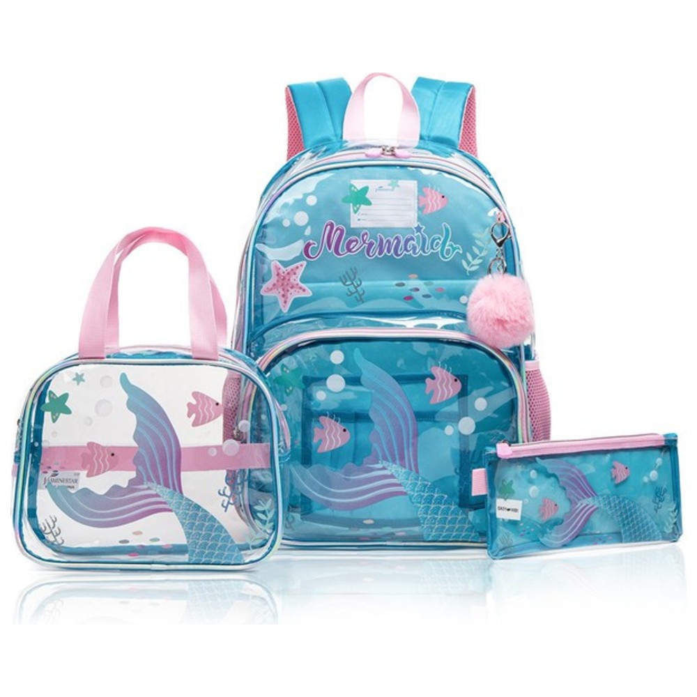 Eazy Kids - Backpack, Lunch Bag & Pencil Case Combo - Mermaid - 3 Pcs - 17-Inch/43.5cm