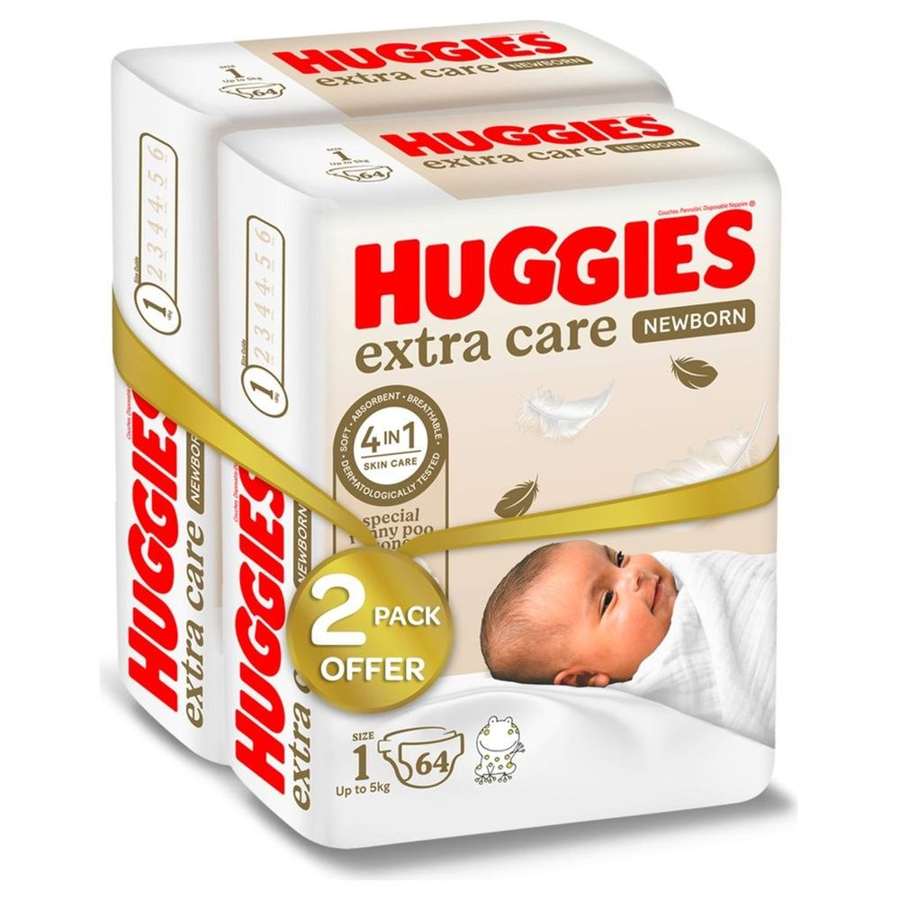Huggies Extra Care Newborn, Size 1, Up to 5 kg, Twin Jumbo Pack, 128 Diapers - Packaging May Vary