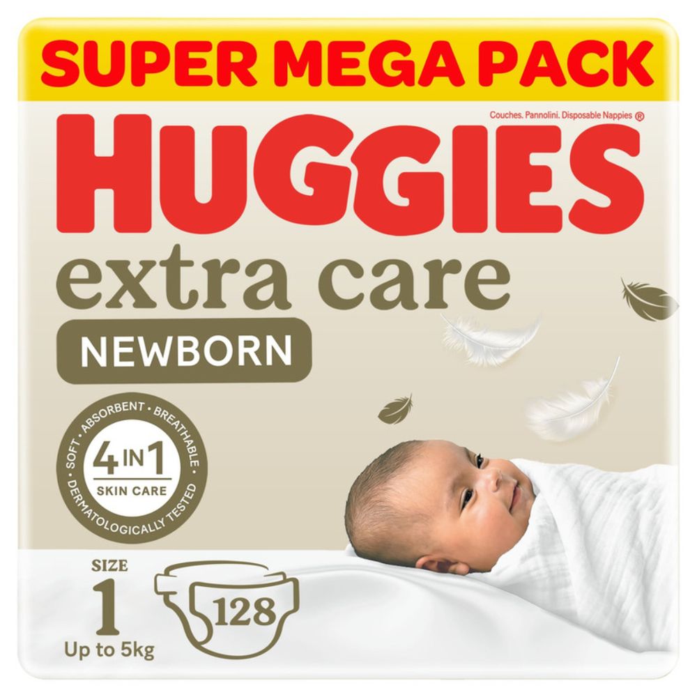Huggies Extra Care Newborn, Size 1, Up to 5 kg, Twin Jumbo Pack, 128 Diapers - Packaging May Vary