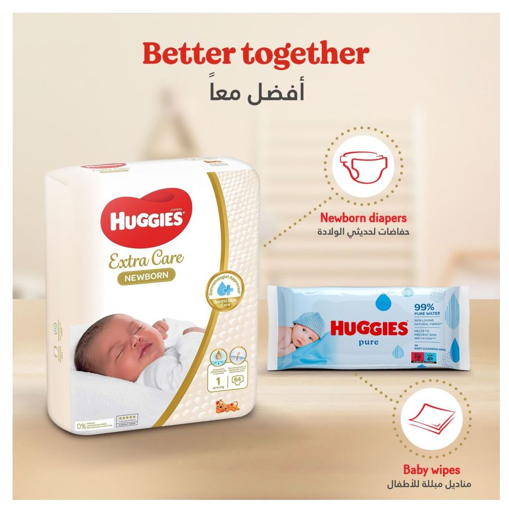 Huggies Extra Care Newborn, Size 1, Up to 5 kg, Twin Jumbo Pack, 128 Diapers - Packaging May Vary