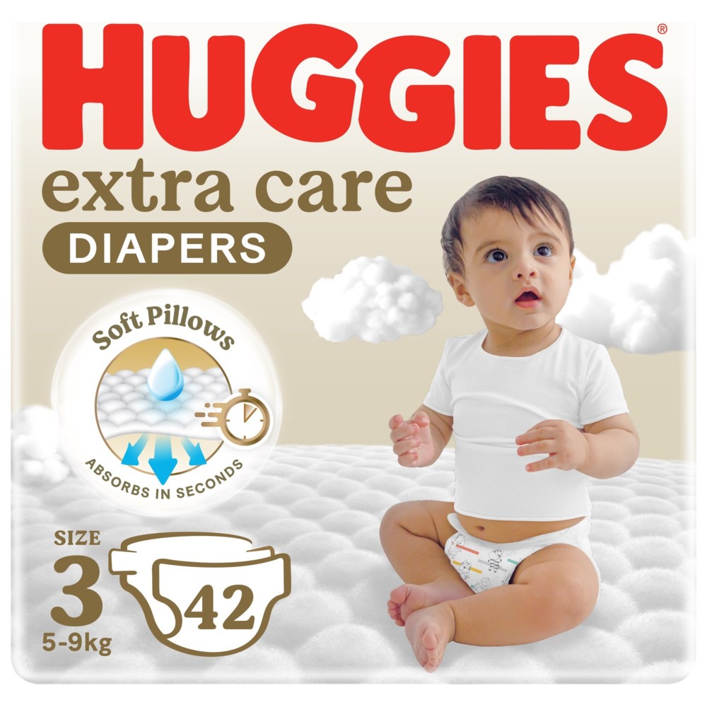 Huggies - Extra Care Diapers - Value Pack - Size 3 - 5-9 kg - 42 Pcs - Packaging May Vary