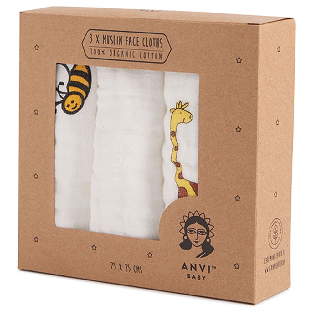 Anvi Baby - Organic Muslin Face Cloth - Yellow Creatures - 3 Pcs