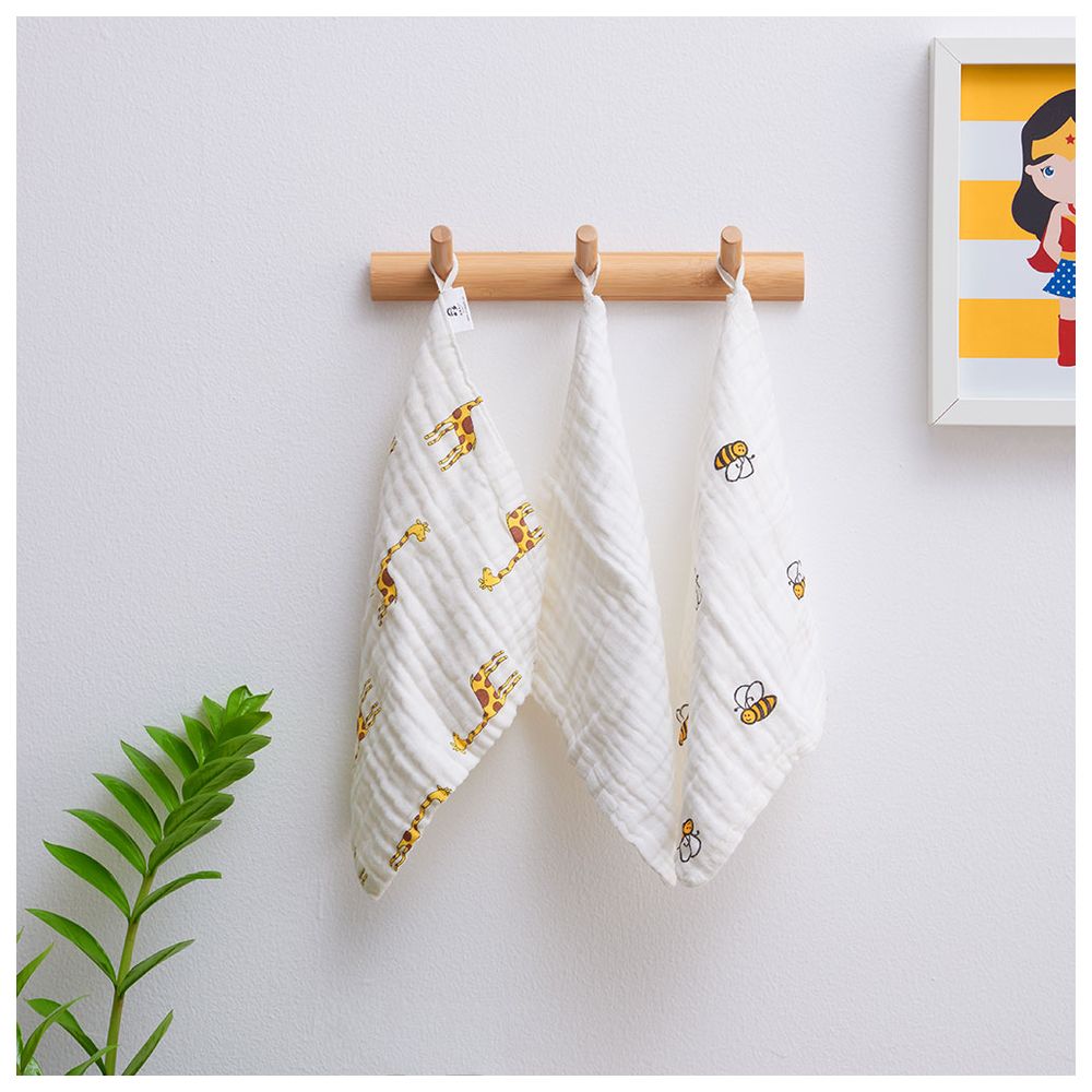 Anvi Baby - Organic Muslin Face Cloth - Yellow Creatures - 3 Pcs