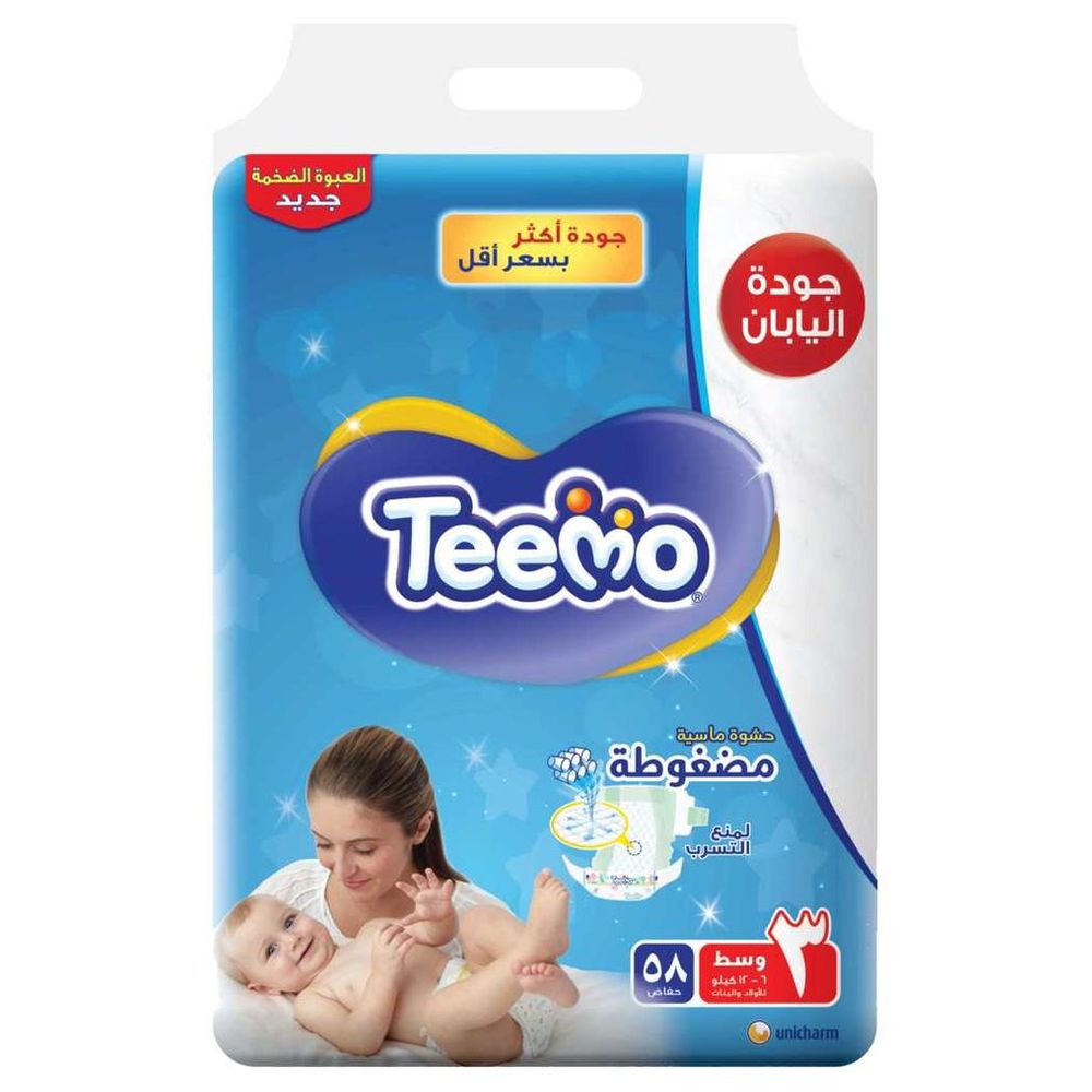 Teemo - Baby Diapers - Mega Pack - Size 3 - Medium - 6-12 kg - 58 Pcs