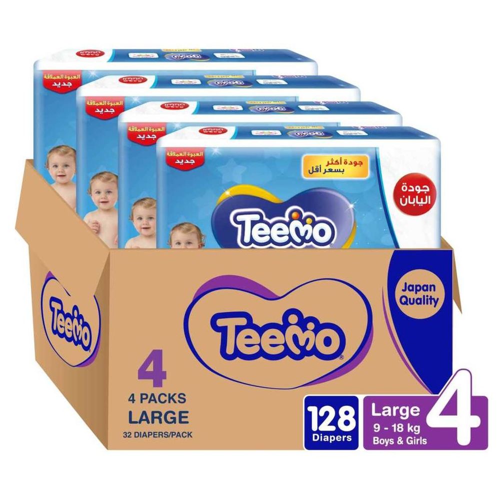 Teemo - Baby Diapers - Jumbo Box - Size 4 - Large - 10-18 kg - 128 Pcs