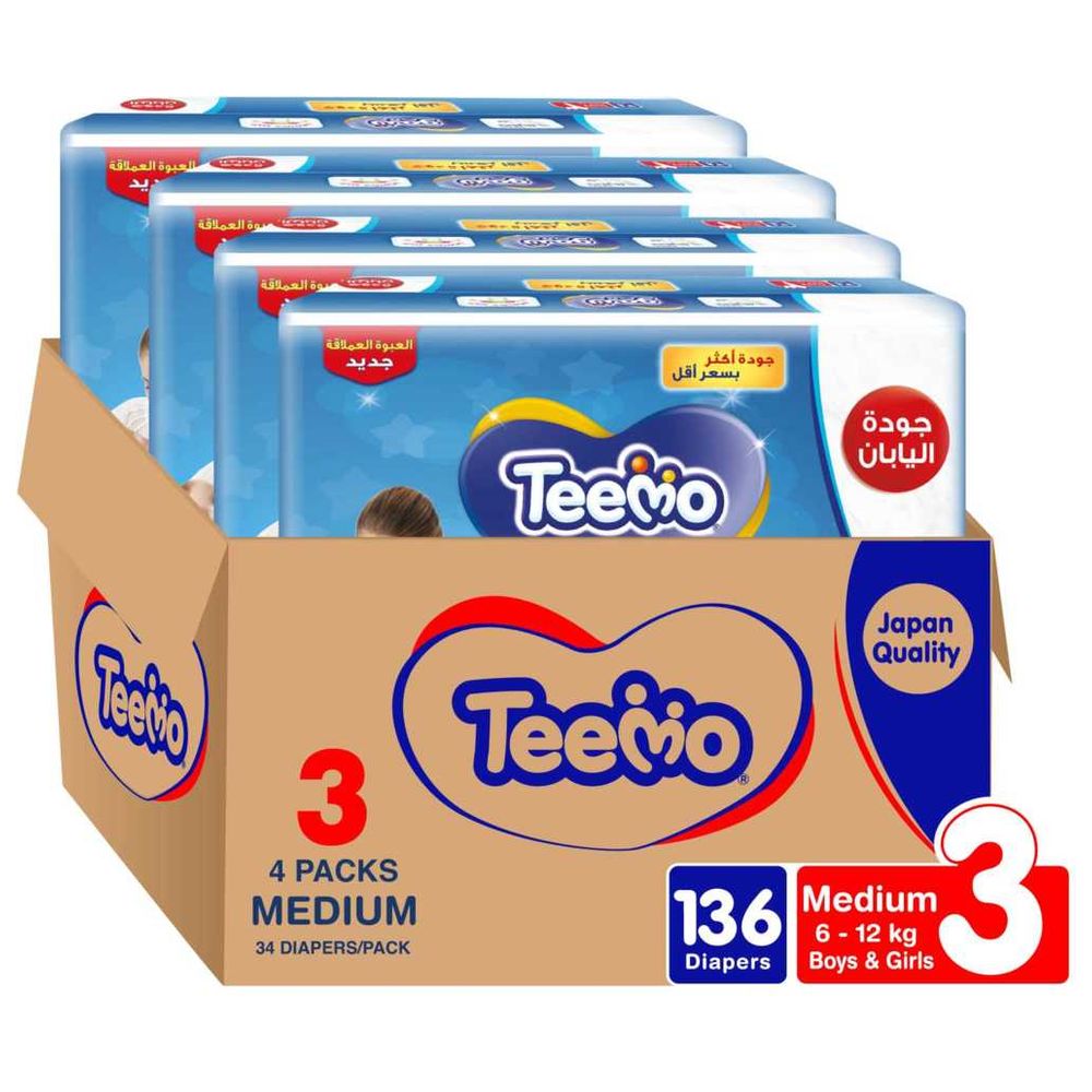 Teemo - Baby Diapers - Jumbo Box - Size 3 - Medium - 6-12 kg - 136 Diapers