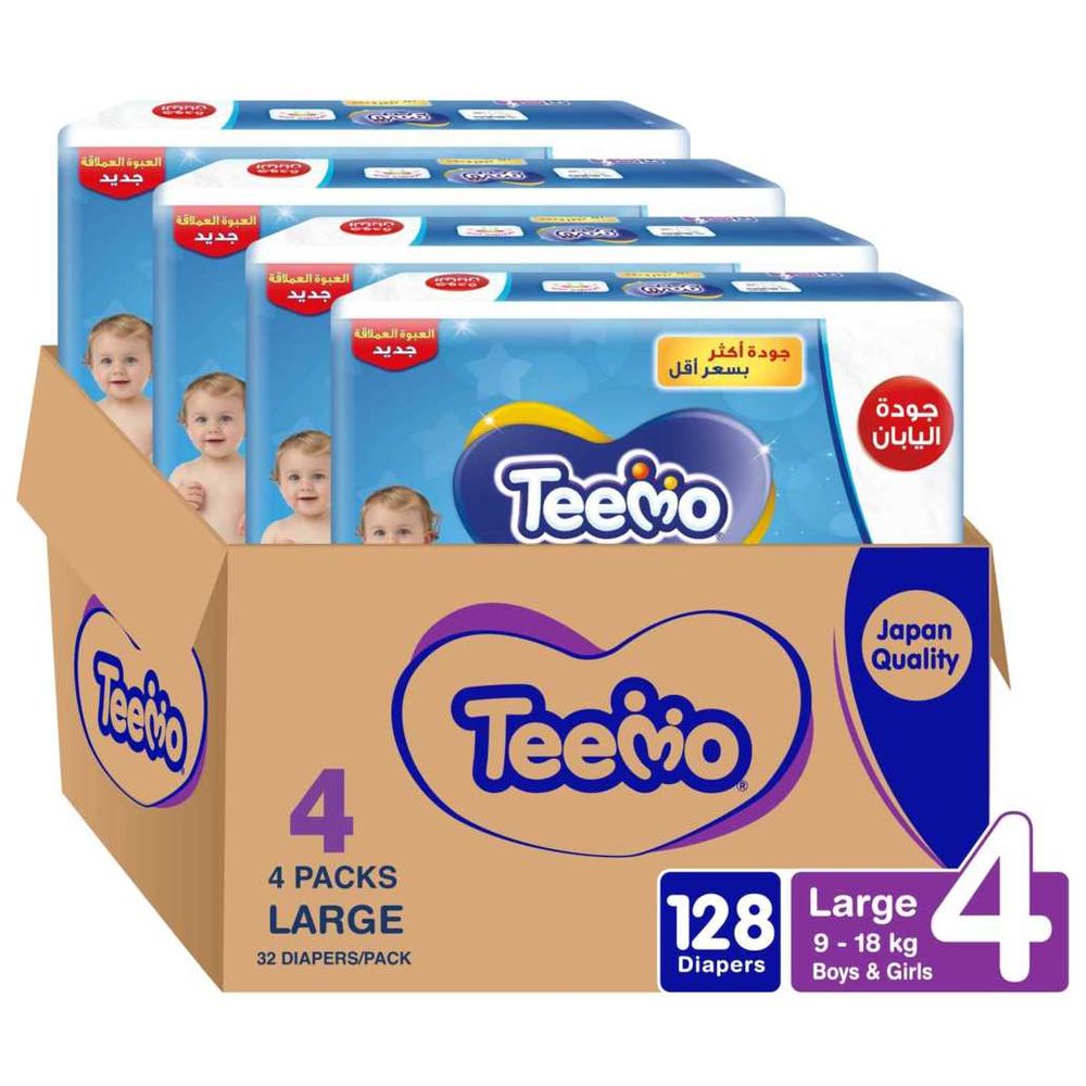 Teemo - Baby Diapers - Jumbo Box - Size 4 - Large - 10-18 kg - 128 Diapers