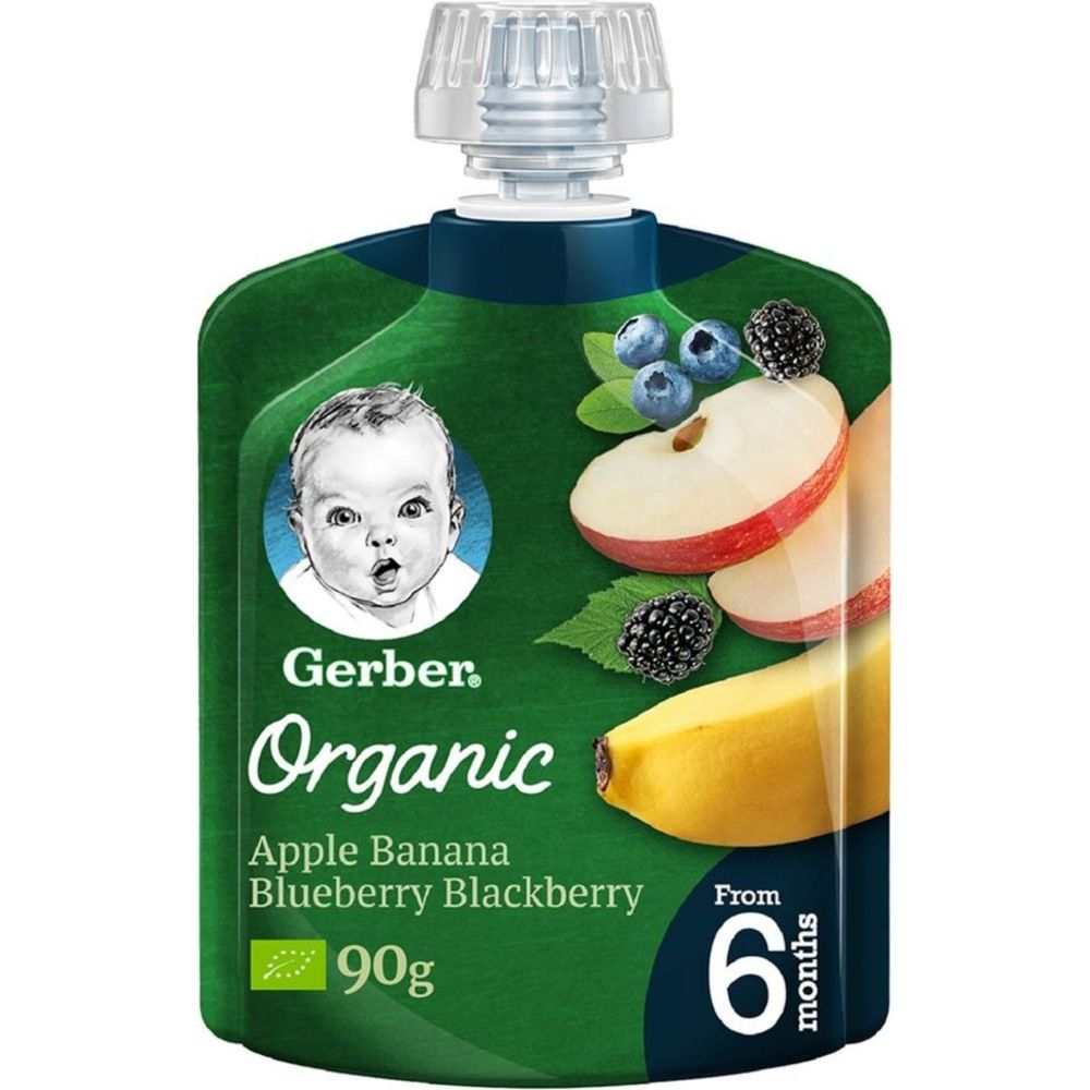 Gerber - Organic Apple, Banana, Blueberry And Blackberry Puree Pouch - 90 gm