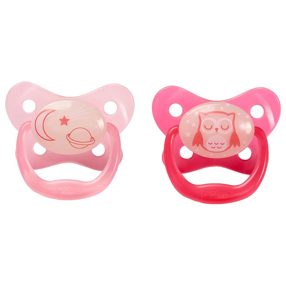 Dr. Brown's - Glow In The Dark Pacifier - 6-18M - Pink - 2 Pc Set