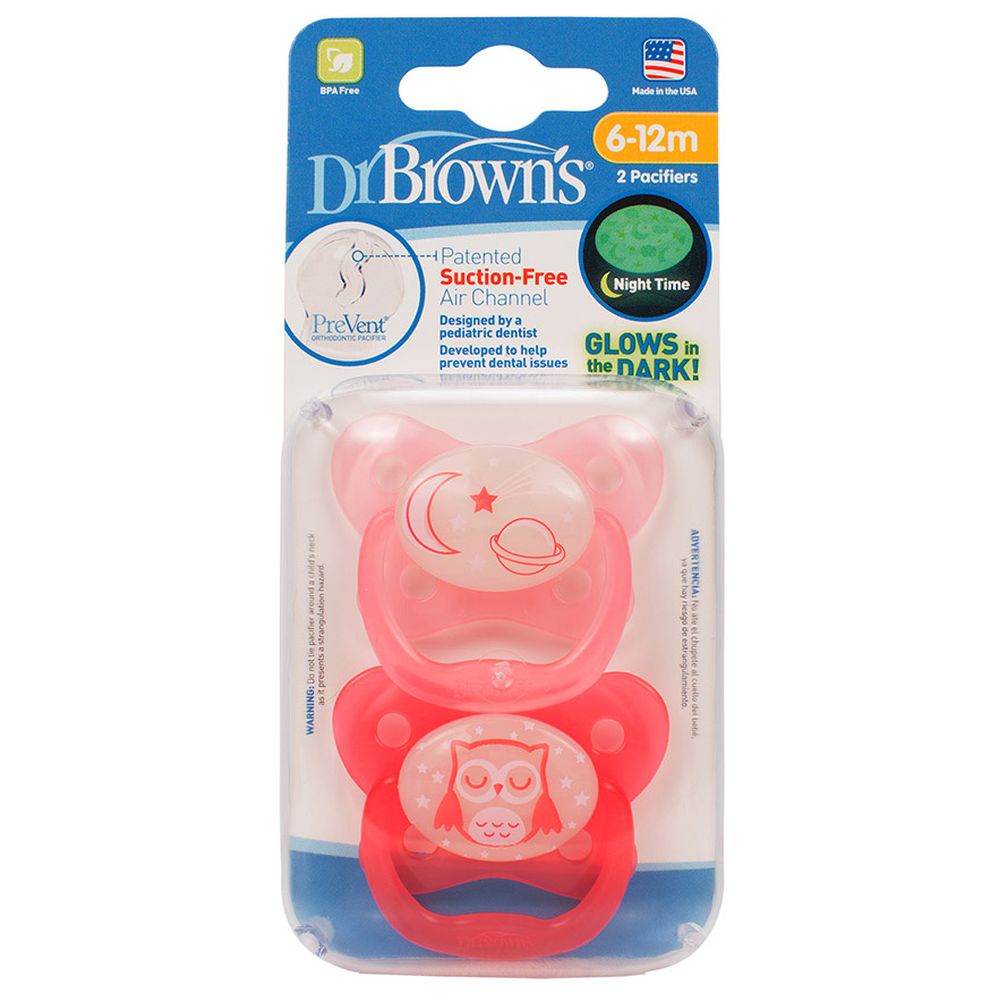 Dr. Brown's - Glow In The Dark Pacifier - 6-18M - Pink - 2 Pc Set