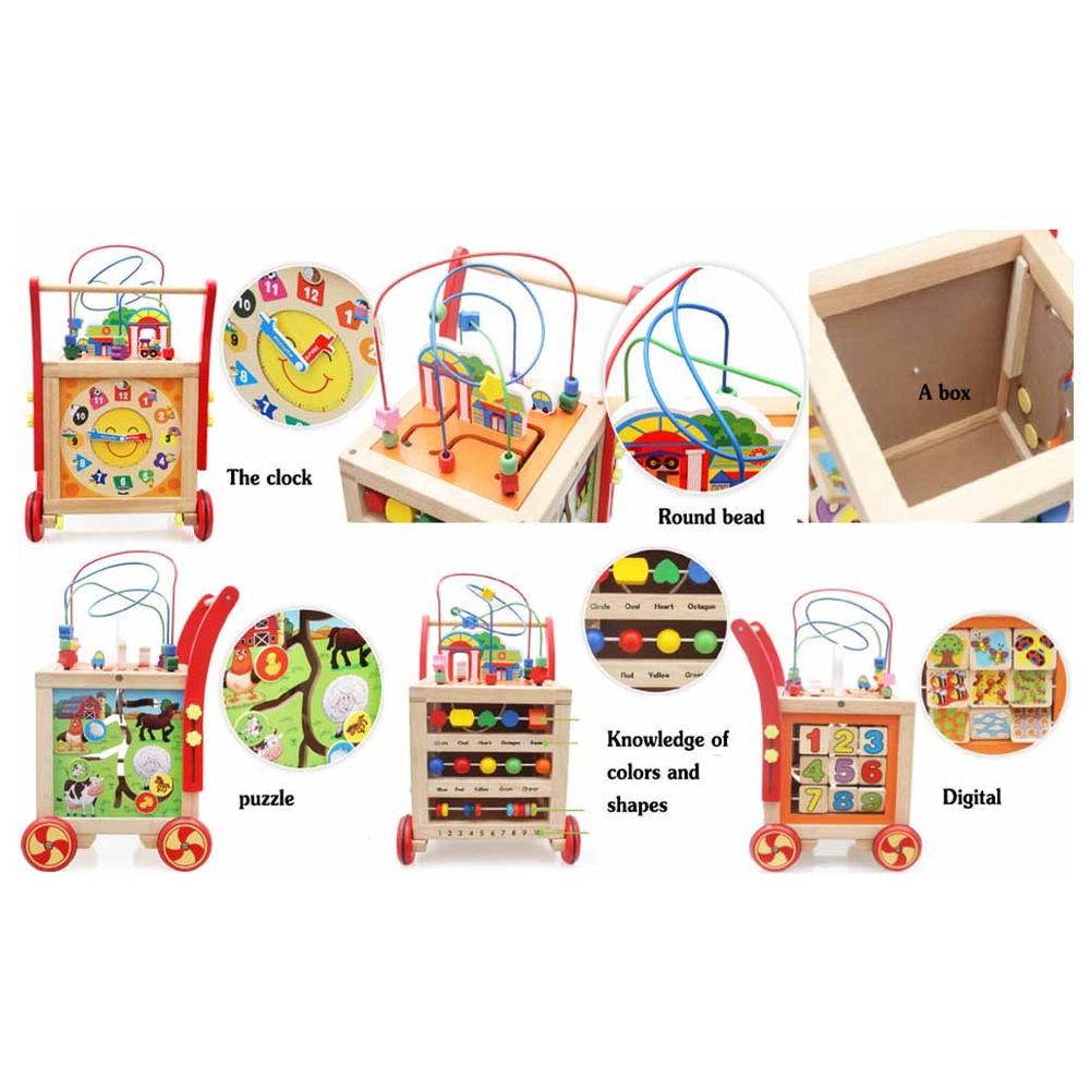 Factory Price Wooden Baby Walker Trolley With Activity Cube