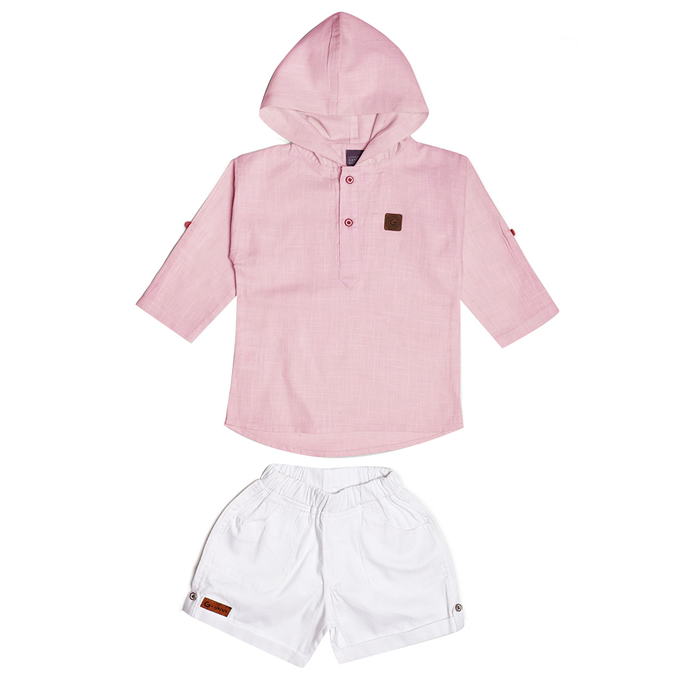 Little Kangaroos Baby Boy Hooded Kurta Shirt & Shorts - Pink/White - 2 Pcs