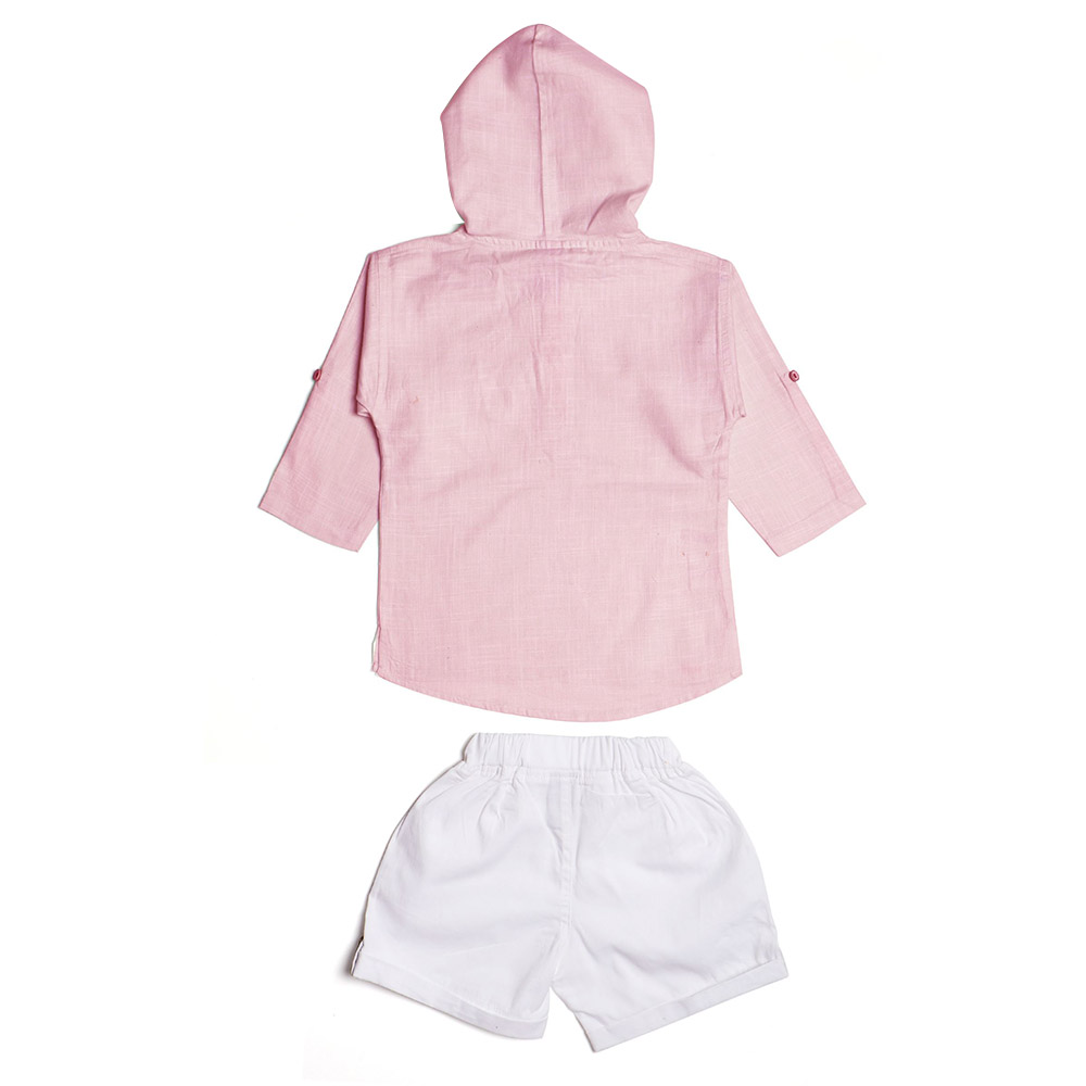 Little Kangaroos Baby Boy Hooded Kurta Shirt & Shorts - Pink/White - 2 Pcs