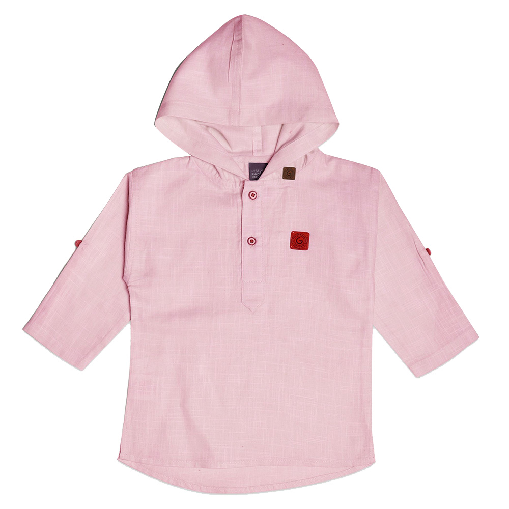 Little Kangaroos Baby Boy Hooded Kurta Shirt & Shorts - Pink/White - 2 Pcs