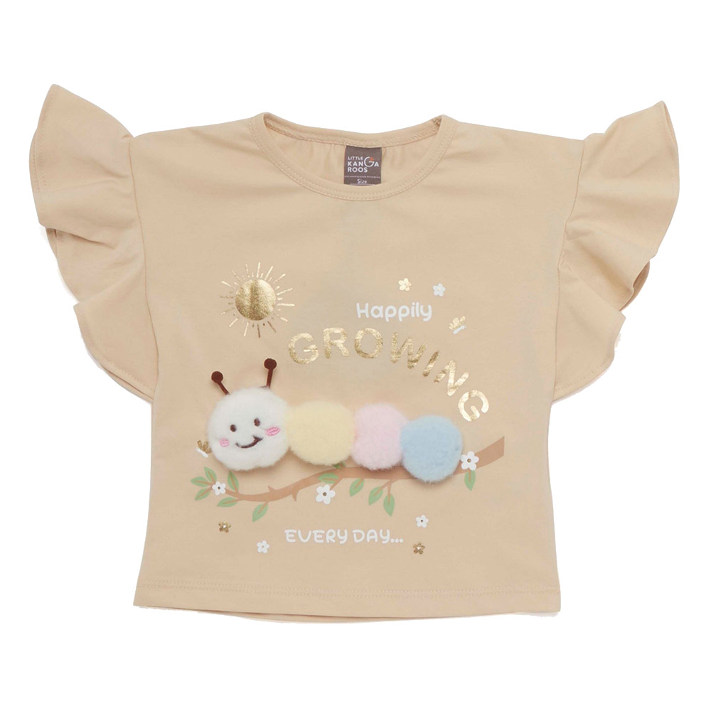 Little Kangaroos Baby Girl's Round Neck Frill Sleeve Fawn T-Shirt