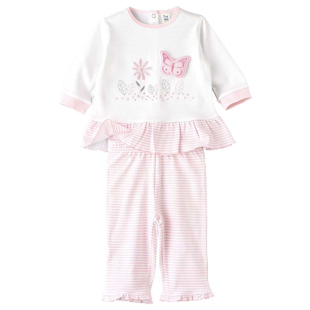 Tiny Hug Long Sleeve Cotton Pajama Suit - Pink/White - 2 Pcs