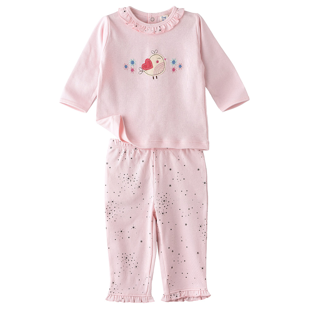 Tiny Hug Long Sleeve Cotton Pajama Suit - Pink - 2 Pcs