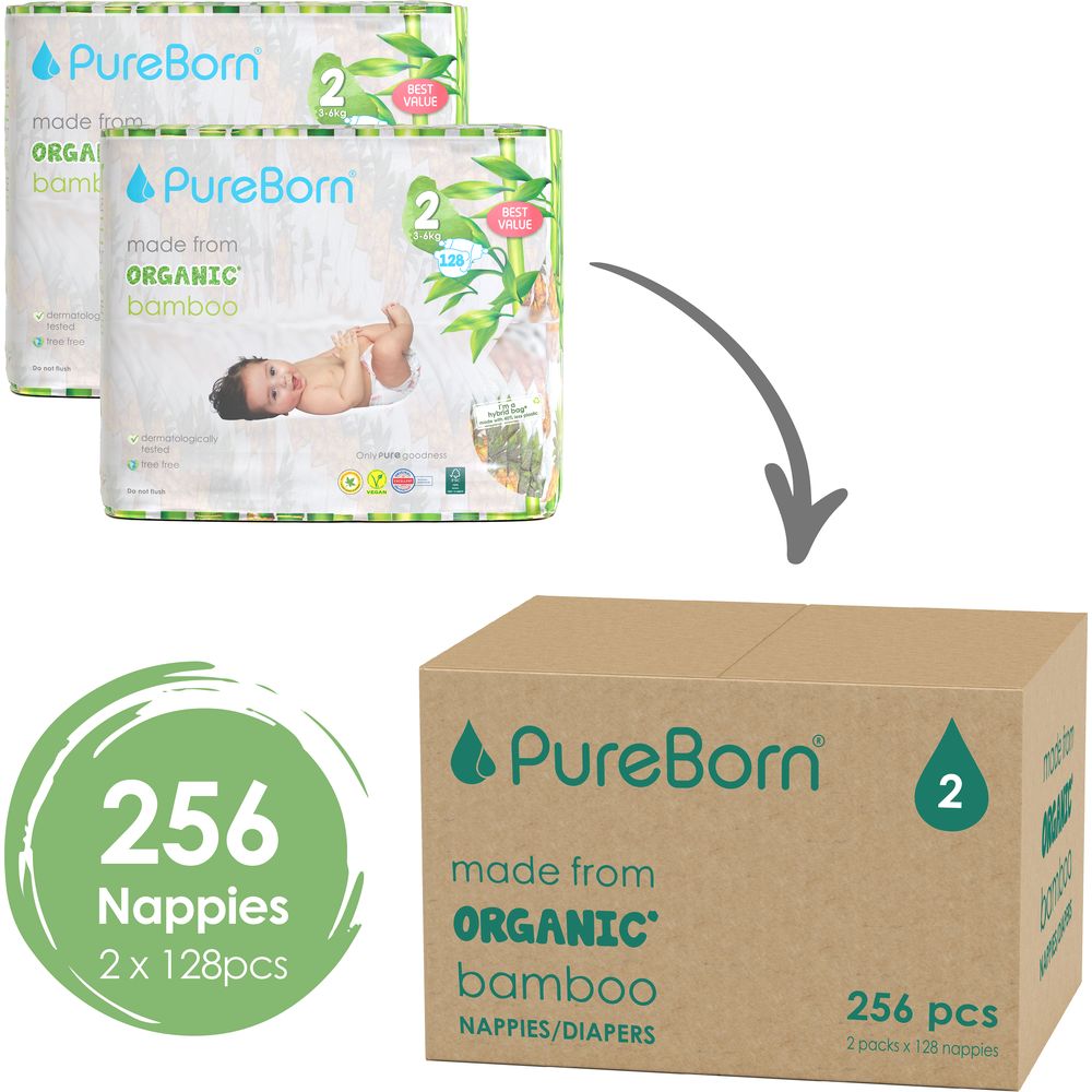 Pureborn Size 2 Master Pack 3-6kg Nappy Pack of 2 256 pcs - Design May Vary