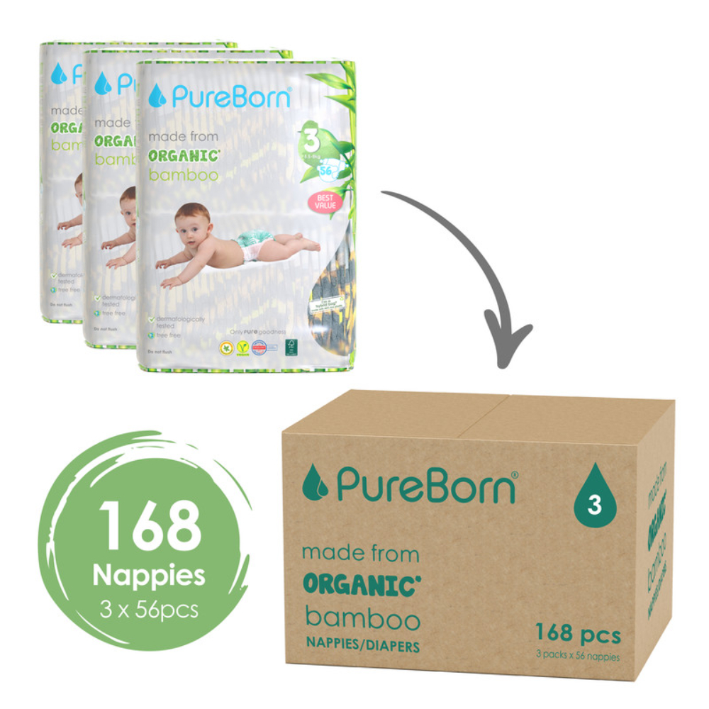 Pure Born - Size 3 Double Pack 5.5-8kg Nappy 56's x 3 Bundle - Assorted