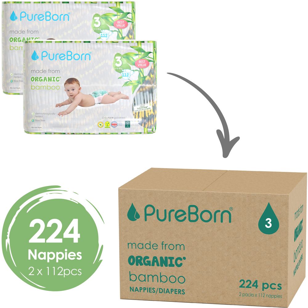 Pure Born - Size 3 Master Pack 5.5-8kg Nappy 112's x 2 Bundle - Assorted