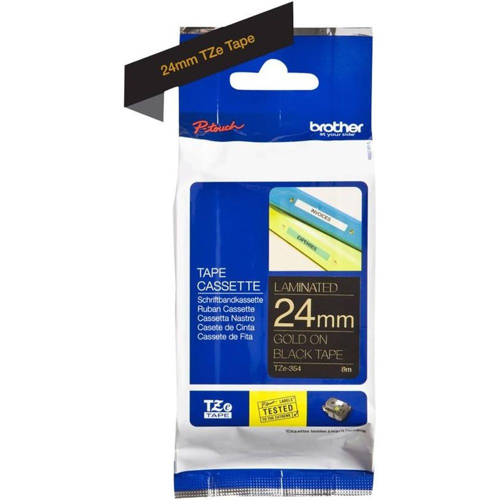Brother - 24mm Gold On Black Laminated Label Tape TZE-354