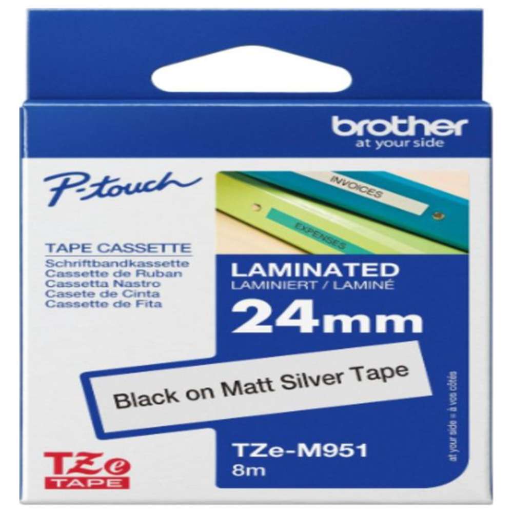 Brother - 24mm Black On Matt Silver Laminated Tape TZE-M951