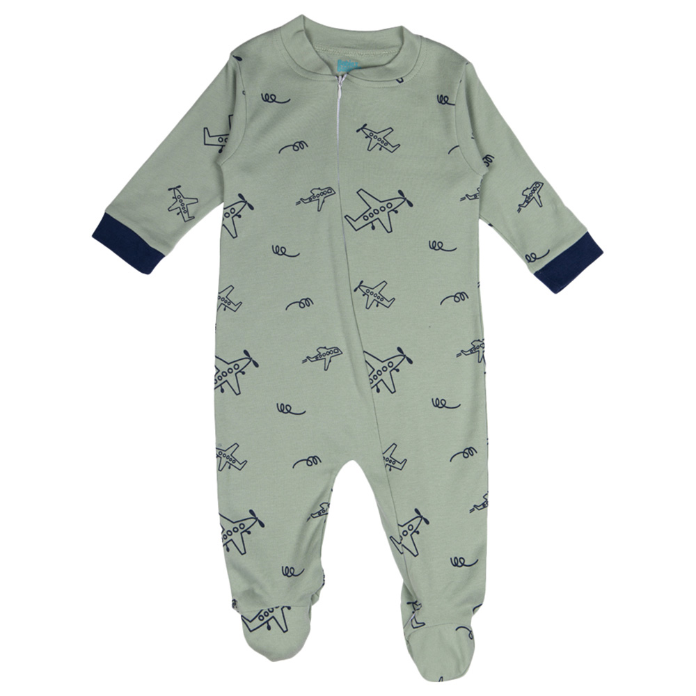 Babies Basic 100% Cotton Long Sleeves Footed Sleepsuit - Green