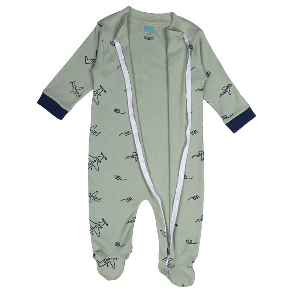 Babies Basic 100% Cotton Long Sleeves Footed Sleepsuit - Green