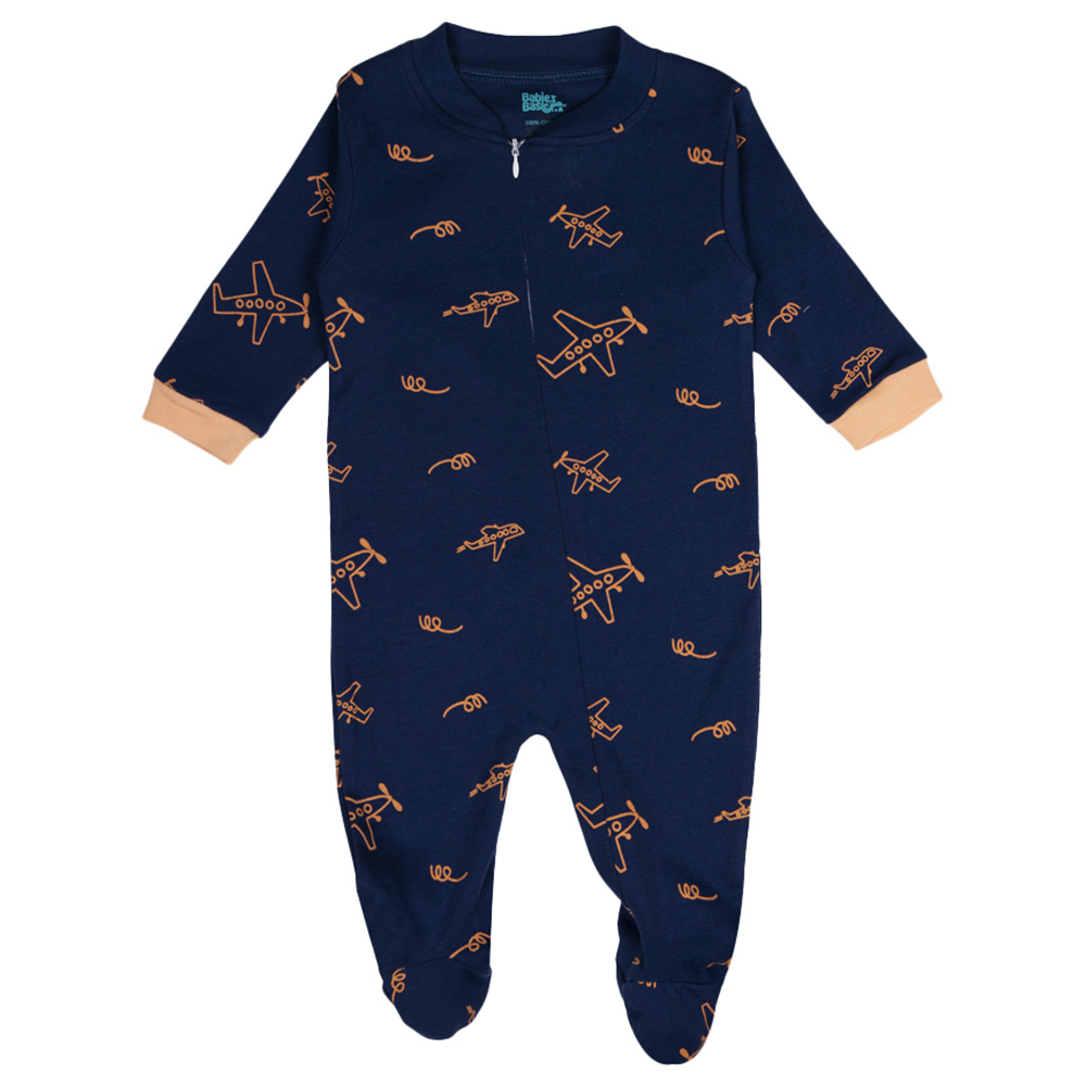 Babies Basic 100% Cotton Long Sleeves Footed Sleepsuit - Blue