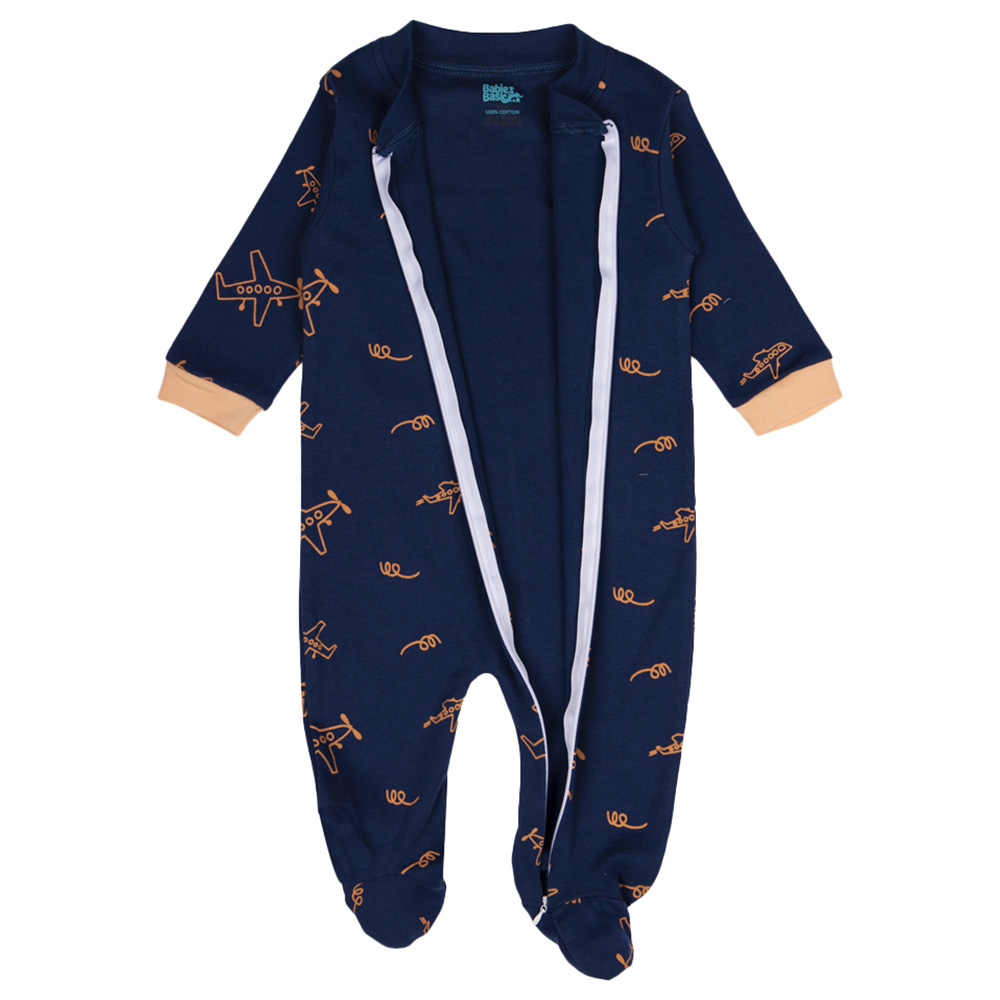 Babies Basic 100% Cotton Long Sleeves Footed Sleepsuit - Blue