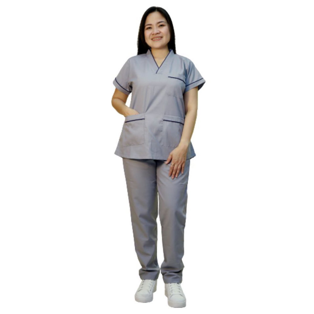 Veronica - 2pc-Set - Scrub Uniform With Piping Neckline - Light Grey