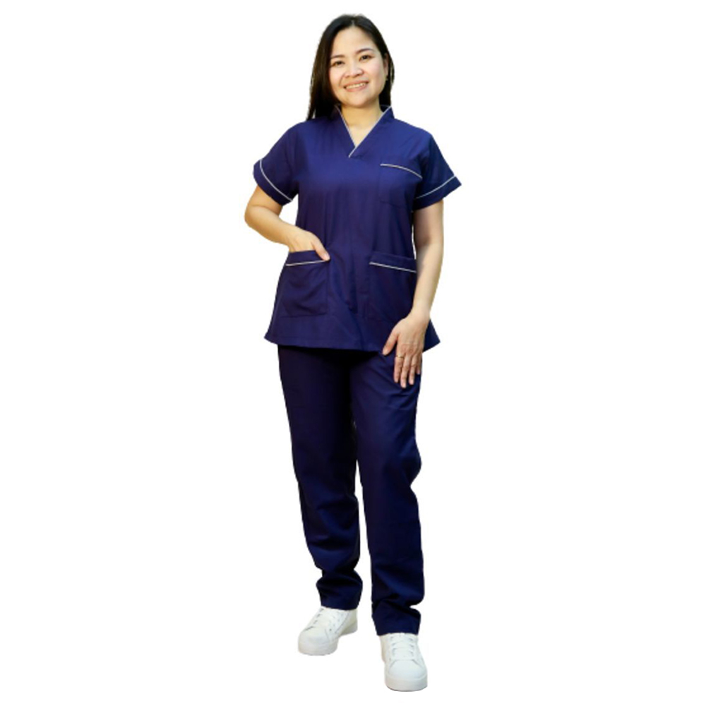 Veronica - 2pc-Set - Scrub Uniform With Piping Neckline - Navy Blue