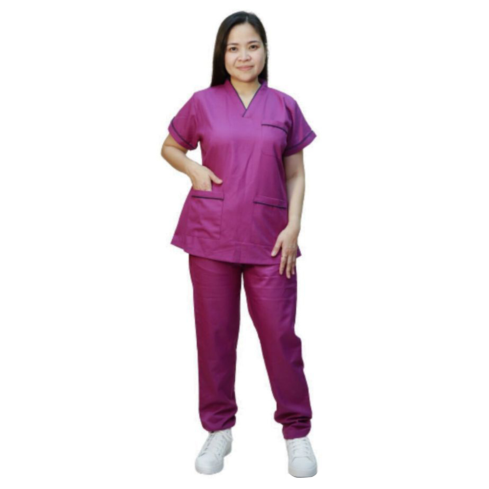 Veronica - 2pc-Set - Scrub Uniform With Piping Neckline - Plum