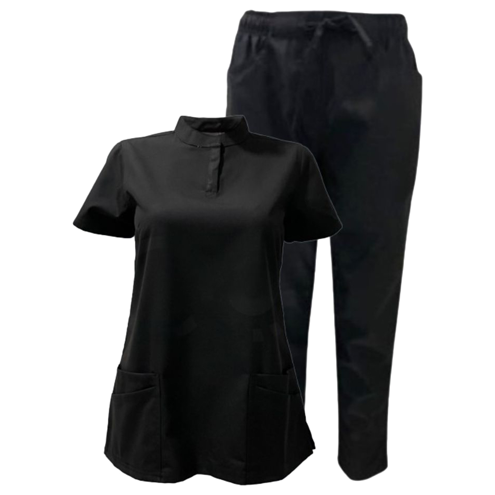 Veronica - 2pc-Set - Women Poly Viscose Chinese Collar Scrub Set - Black
