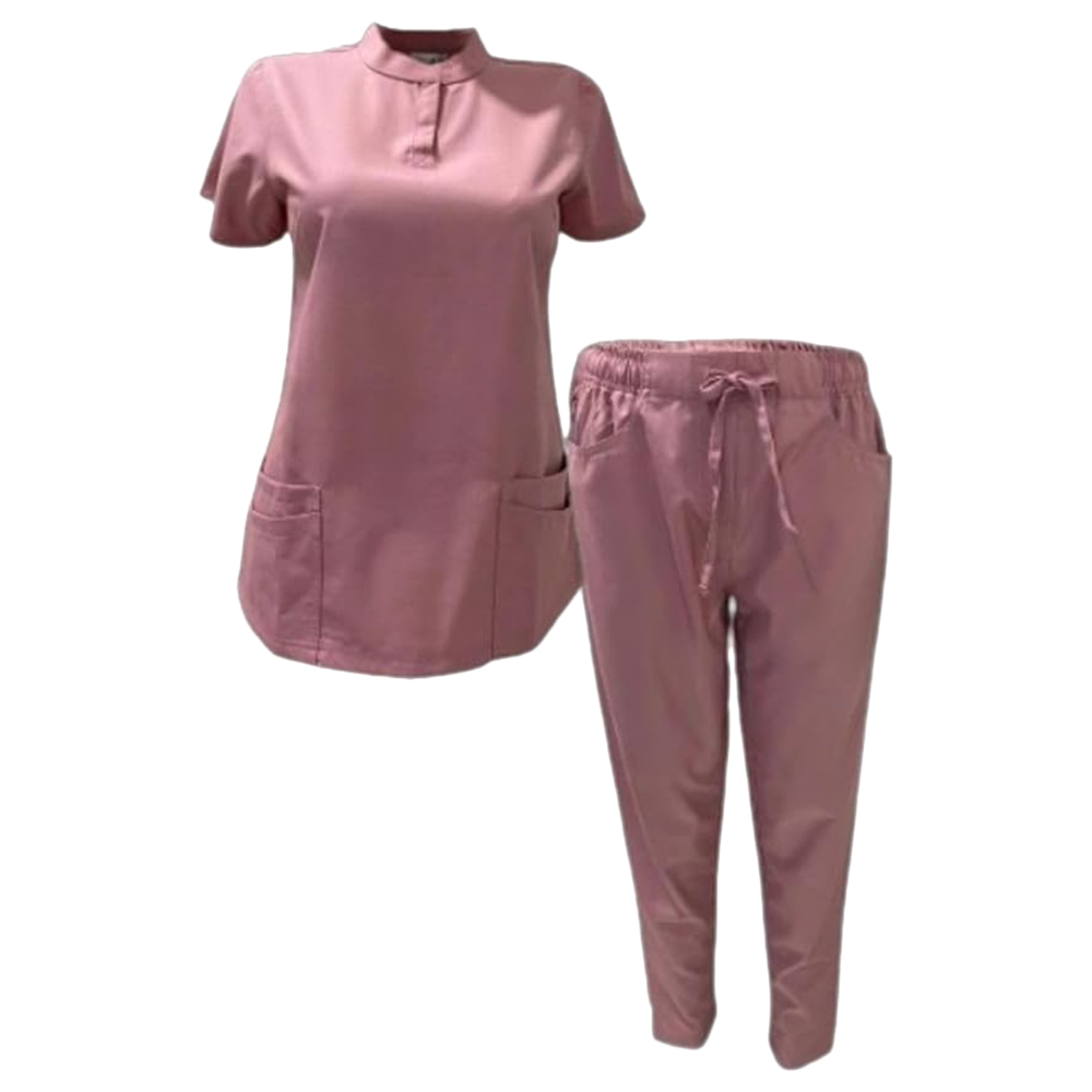 Veronica - 2pc-Set - Women Poly Viscose Chinese Collar Scrub Set - Pink
