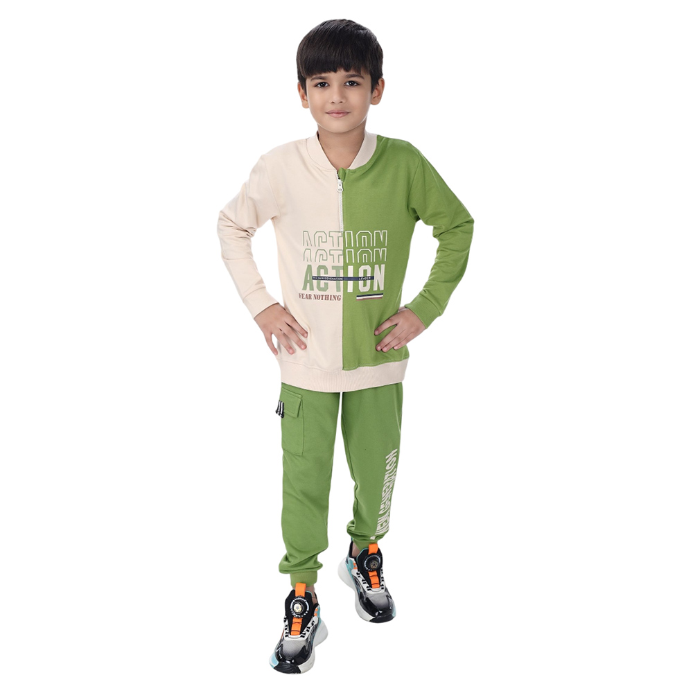 Genius Boy Henley Neck Sweatshirt W/ Jogger Ivory/Green - 2 Pcs