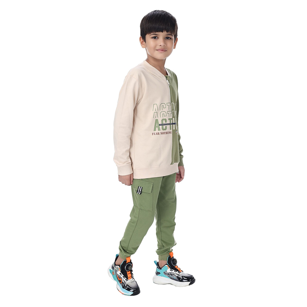 Genius Boy Henley Neck Sweatshirt W/ Jogger Ivory/Green - 2 Pcs