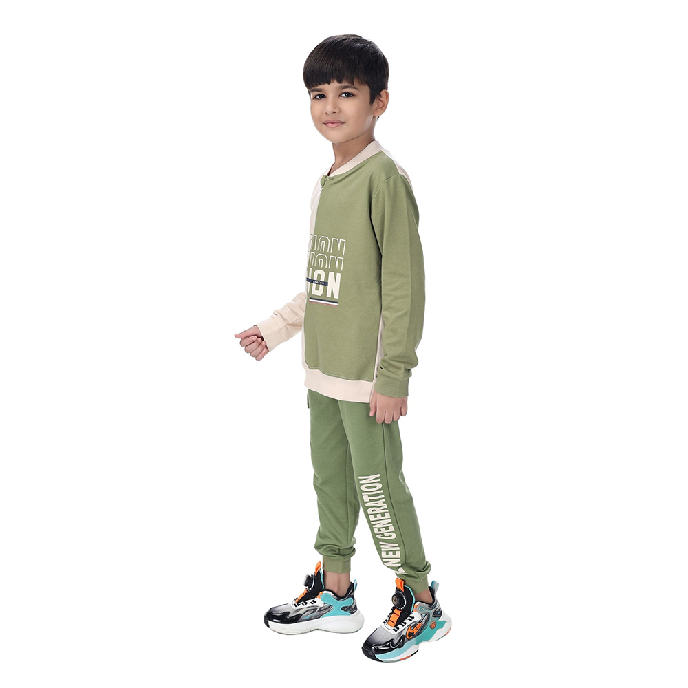 Genius Boy Henley Neck Sweatshirt W/ Jogger Ivory/Green - 2 Pcs