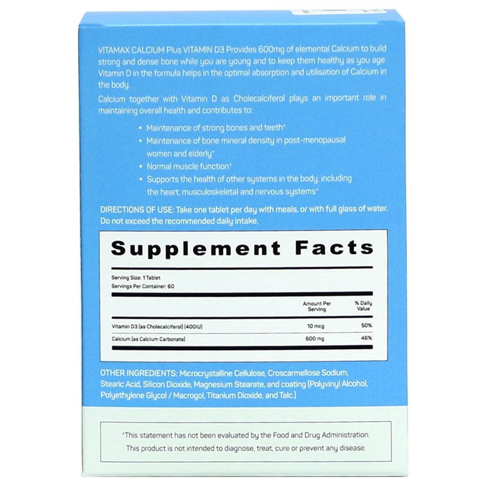 Vitamax - 400IU Calcium & Vitamin D3 Tablets 600mg - 60's