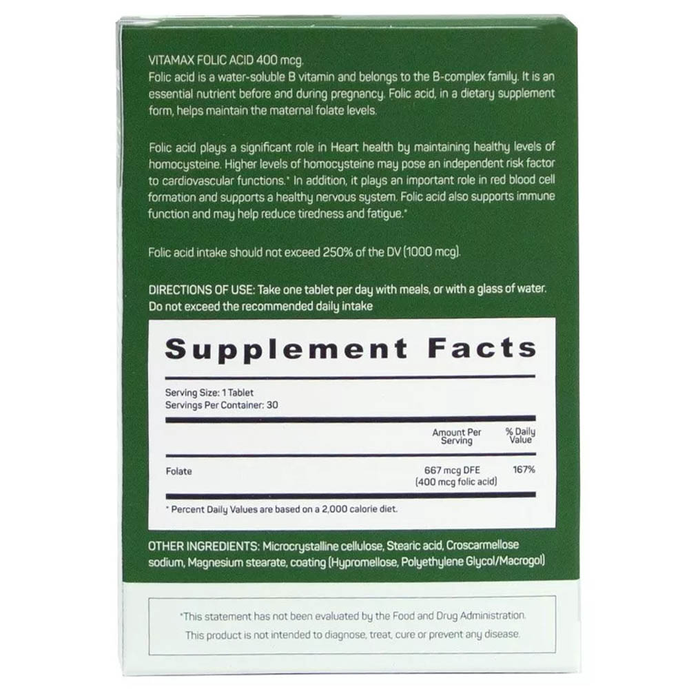 Vitamax - Folic Acid Tablets 400Mcg - 30's