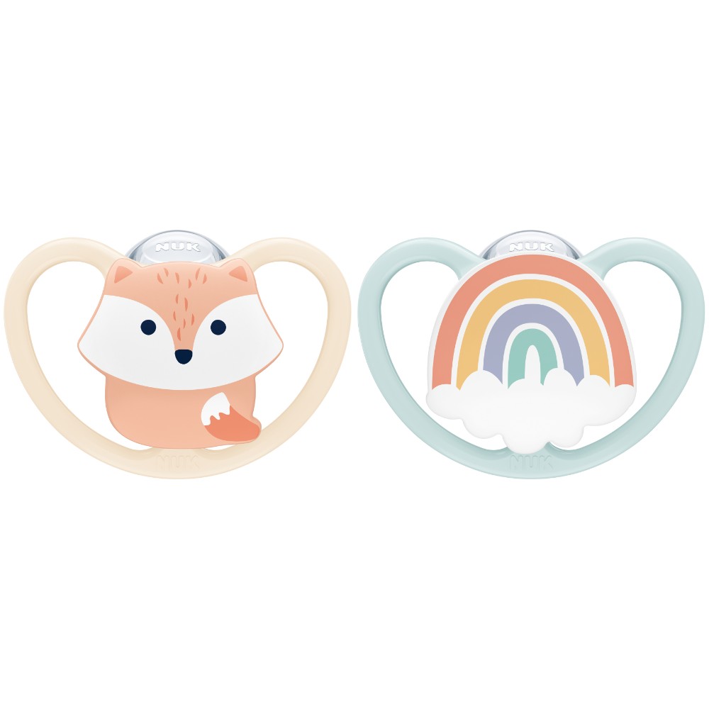 NUK - Animals Space Silicone Soother 0-6m 2pc - Fox & Rainbow