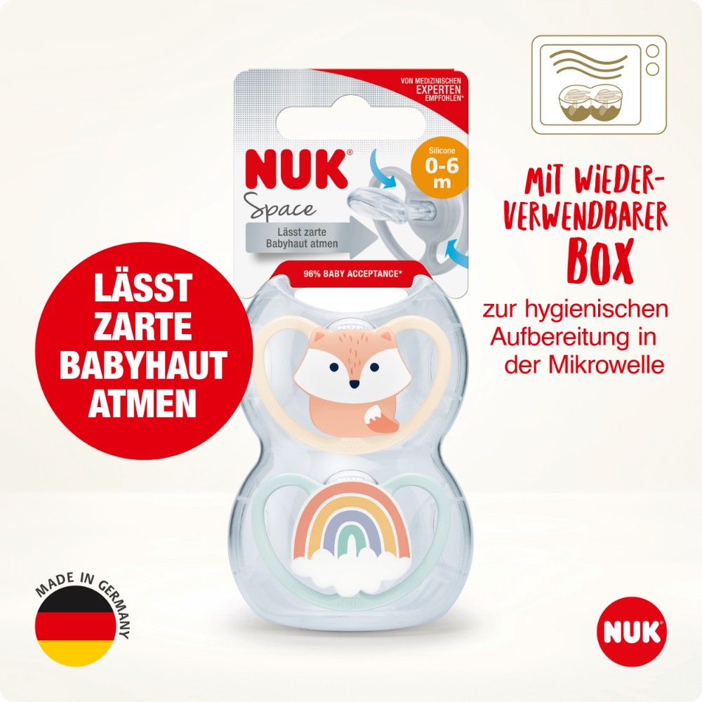NUK - Animals Space Silicone Soother 0-6m 2pc - Fox & Rainbow