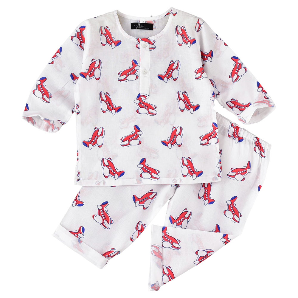 Ayra Ethnic Full Sleeves Airplane Design Nightsuit - White