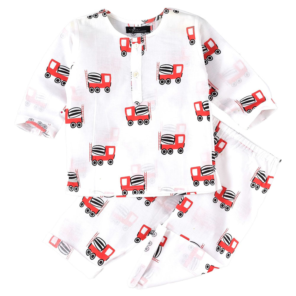 Ayra Ethnic Full Sleeves Concrete Mixer Design Nightsuit - White