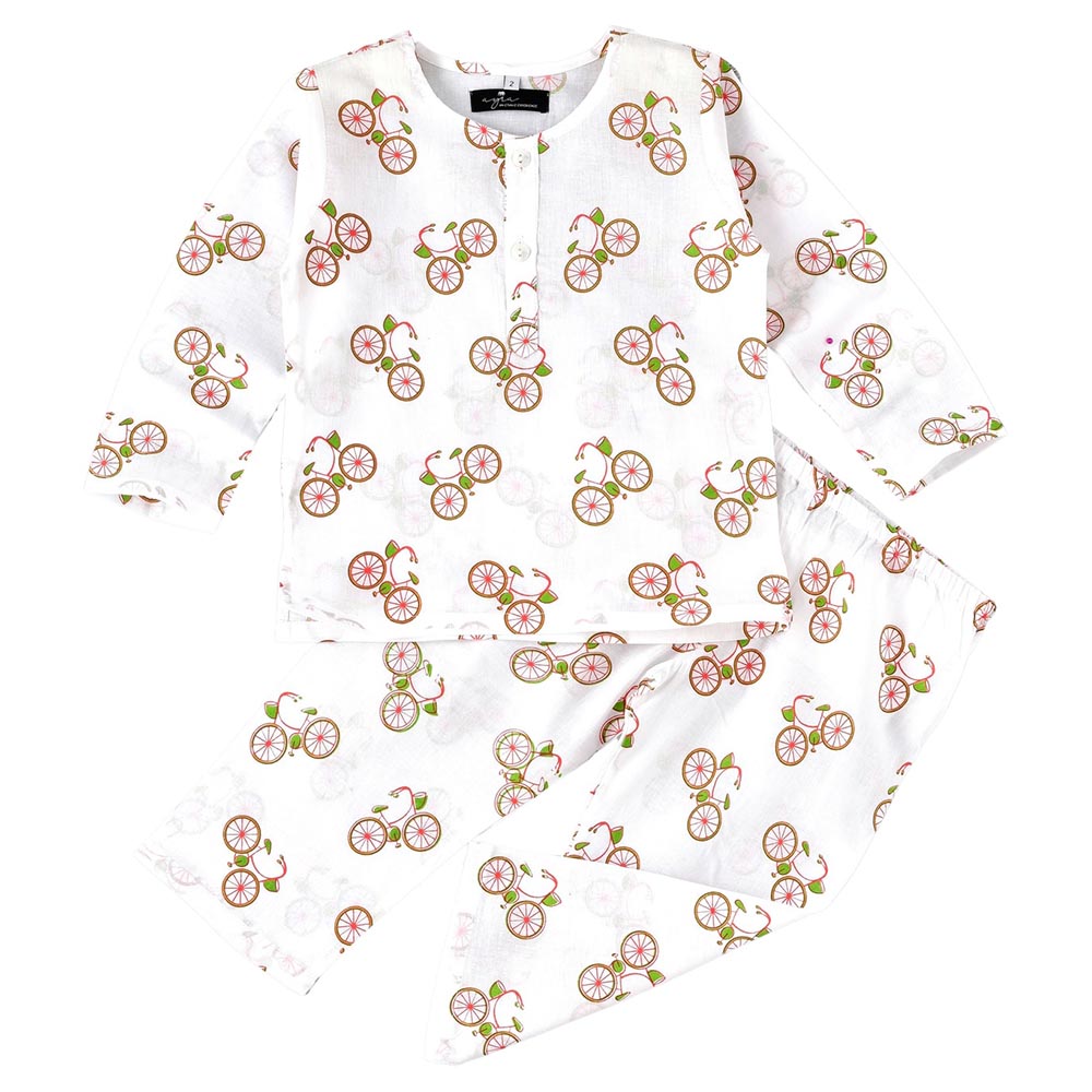 Ayra Ethnic Full Sleeves Cycle Design Nightsuit - White