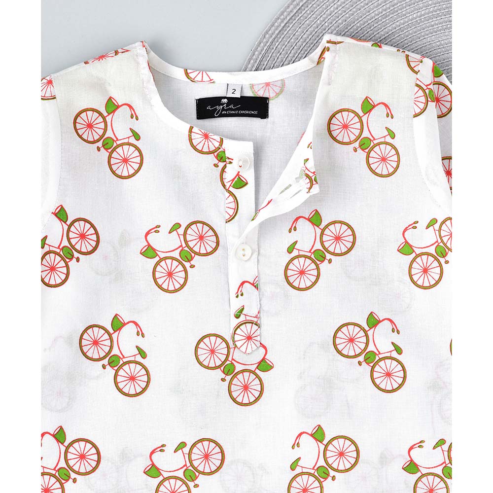 Ayra Ethnic Full Sleeves Cycle Design Nightsuit - White