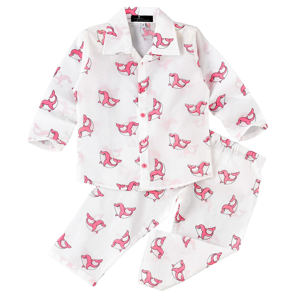 Ayra Ethnic Full Sleeves Dolphin Design Nightsuit - White
