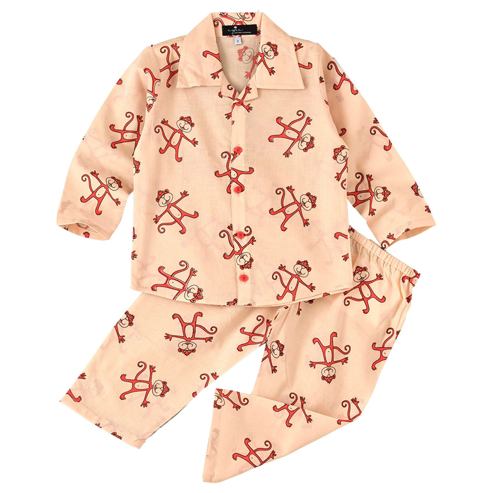 Ayra Ethnic Full Sleeves Monkey Design Nightsuit - Peach