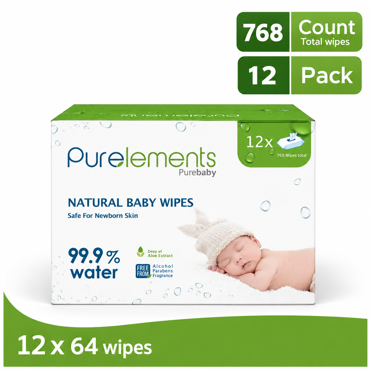 Purelements Baby Wipes For Sensitive/Delicate Skin | Wipes with 99.9% Water and Natural Aloe | Skin Friendly | Free from Fragrances, Parabens & Alcohol Pack of 12 (768 pcs)