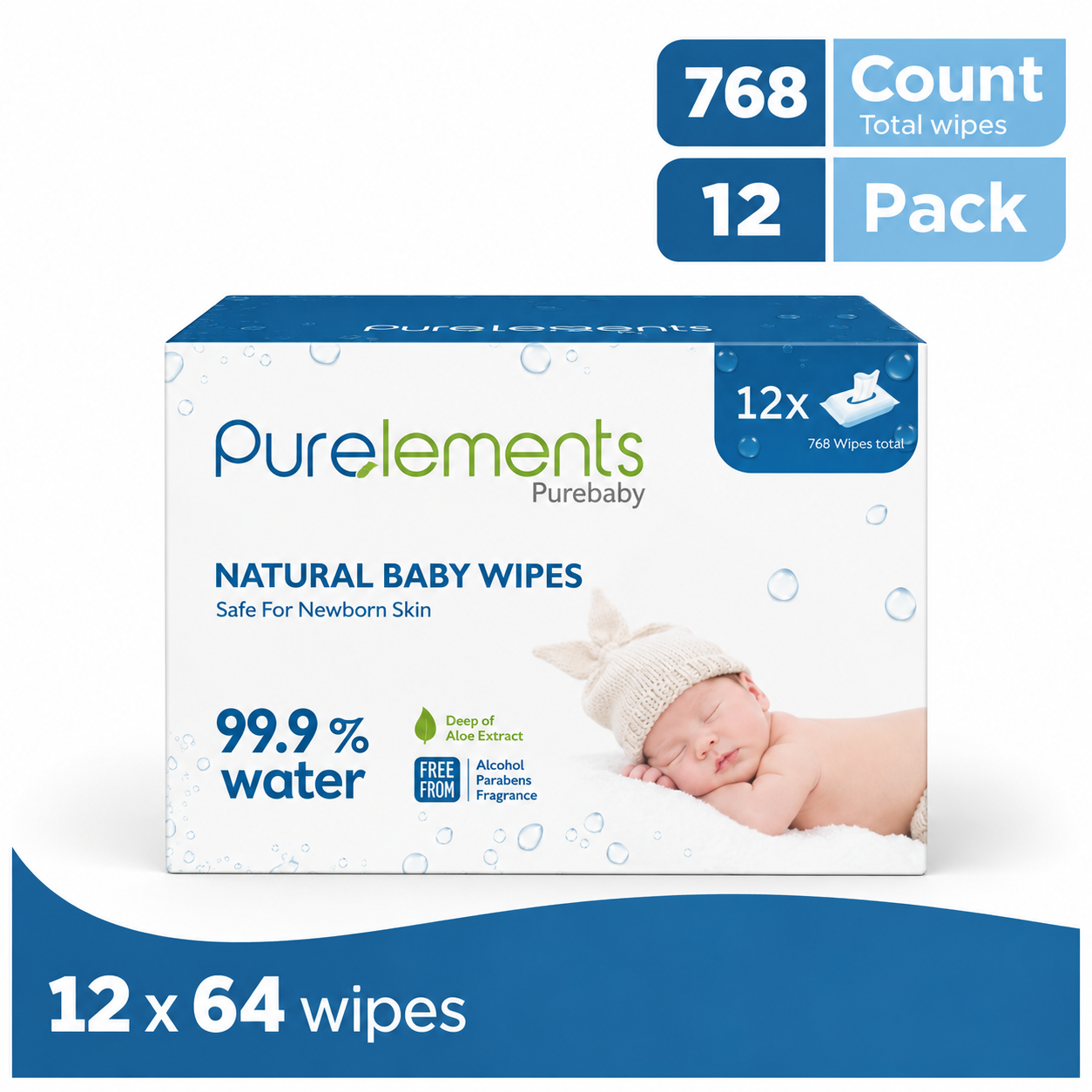 Purelements Baby Wipes For Sensitive/Delicate Skin | Natural Wipes 99.9% Water | Skin Friendly | Free from Fragrances, Parabens & Alcohol Pack of 12 (768 pcs)